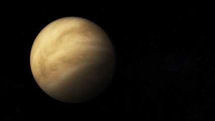 Planet Venus with text space on the right. Realistic 3D render of Venus and stars.