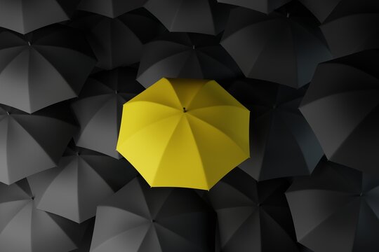 Lots of black umbrellas and one yellow one that stands out. The concept of differentiation, individuals. 3d rendering, 3d illustration.