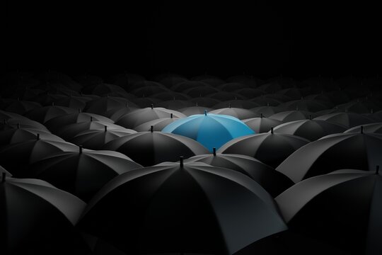 Lots of black umbrellas and one blue one that stands out. The concept of differentiation, individuals. 3d rendering, 3d illustration.