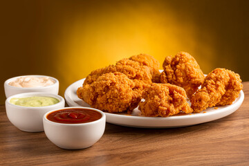 Crispy fried chicken with sauces.