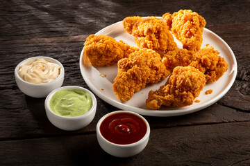 Crispy fried chicken with sauces.