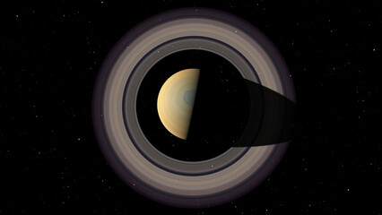 Top view of Saturn in space. Photo realistic 3D render of Saturn and stars.