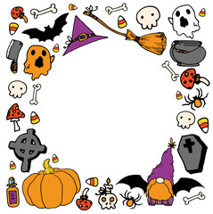 a template with an empty round space for Halloween text. Square frame with orange pumpkins, gnome, bats, bones and skulls, spider and cartoon ghosts on white with an empty circle inside for text
