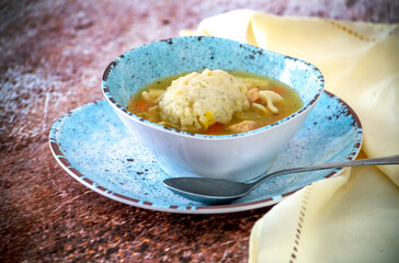 Matzo ball soup comfort food with chicken and noodles