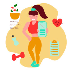 Woman using mobile app for fitness and healthy meal plan. Healthy lifestyle concept flat vector