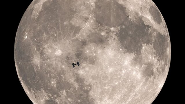 International Space Station passing in front of full moon. The ISS and the full moon. Photo realistic 3D CGI  [ProRes - UHD 4K]