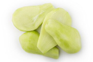 Peeled raw chayote isolated on white background.