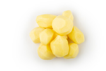 Peeled raw potatoes isolated on white background.