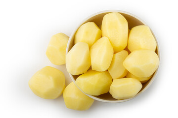 Peeled raw potatoes isolated on white background.