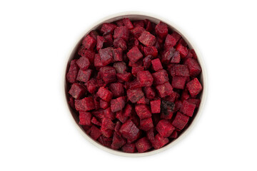 Diced raw beetroot isolated on white background.