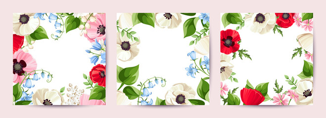 Fototapeta premium Set of floral cards with red, white, pink, and blue poppy, bluebell, and lily-of-the-valley flowers. Greeting or invitation card design