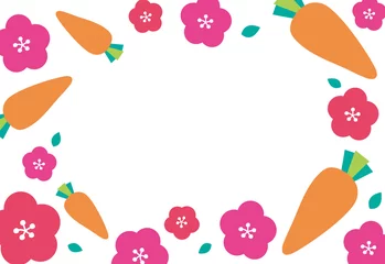 Foto op Aluminium 人参と梅の花のカラフルでポップな背景　卯年年賀状テンプレート　文字なし © Kimama