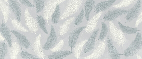 Fototapety  Art background with white and gray feathers. Hand drawn drawing for decoration design, print, wallpaper, textile, interior design.
