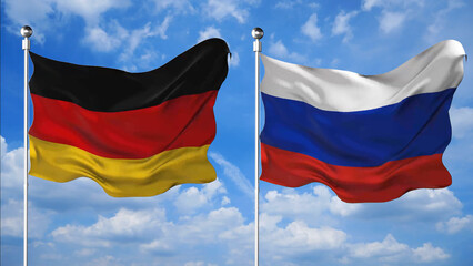 Fototapeta na wymiar Germany and Russia flags waving 3D Render against the sky background