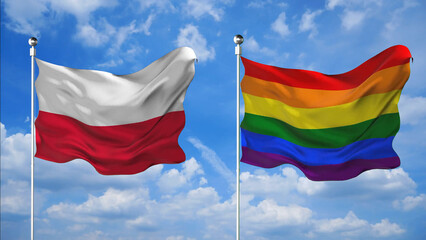 Fototapeta na wymiar Poland and LGBT flags waving 3D Render against the sky background
