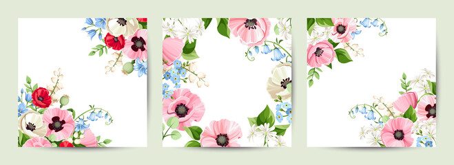 Set of floral cards with pink, white, red, and blue poppy, bluebell, forget-me-not, and lily-of-the-valley flowers. Greeting or invitation card design
