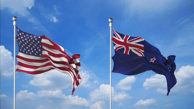 USA and New Zeeland flags waving 3D Render against the sky background