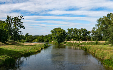 krajobraz rzeki Odry w zachodniej Polsce w jasnych zielono niebieskich barwach i lekko pochmurnej pogodzie - obrazy, fototapety, plakaty