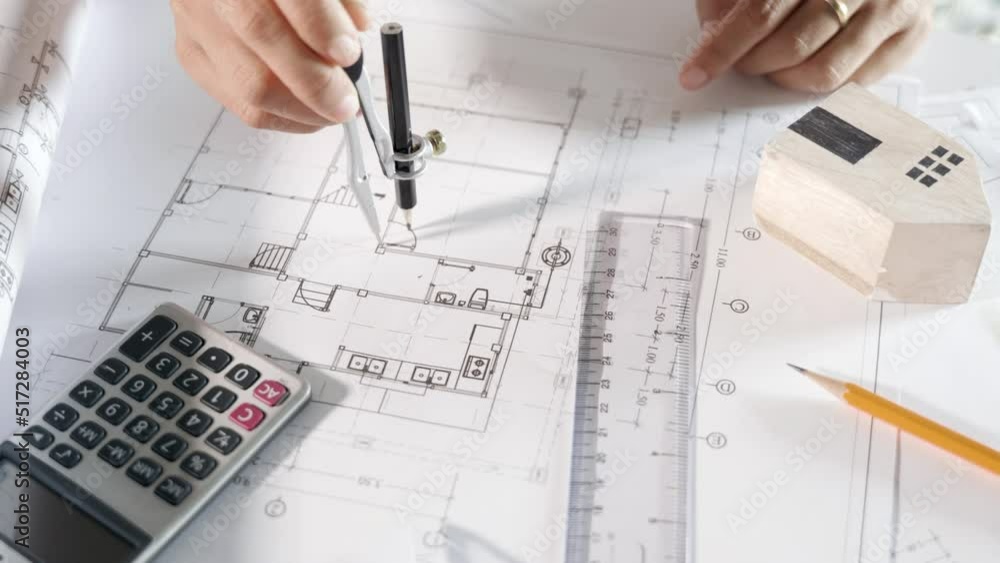 Poster architectural project workplace. engineer sketching construction project, architect drawing with div
