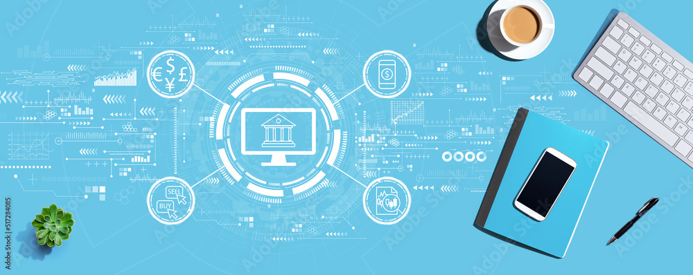 Poster fintech theme with computer keyboard and office items