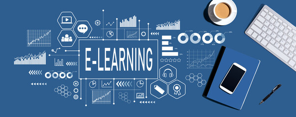 E-Learning theme with computer keyboard and office items