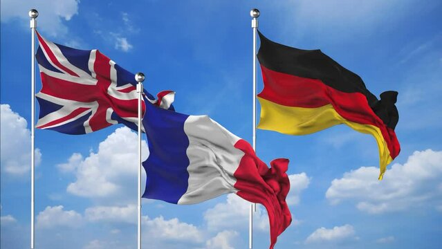 UK, Germany and France flags waving 3D Render against the sky background	
