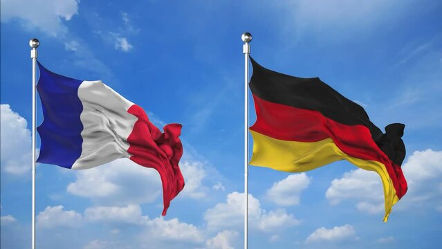 France and Germany flags waving 3D Render against the sky background	

