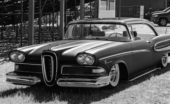 Vintage Ford Edsel Pacer at the Classic Car Show. Full-size car Edsel Pacer Convertible, 1958. Black and white photo