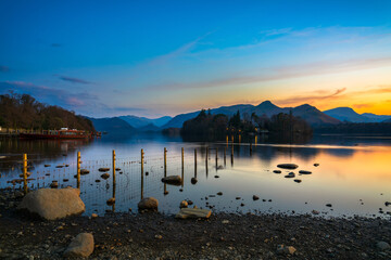 Derwentwater lake at sunset in Lake District. England