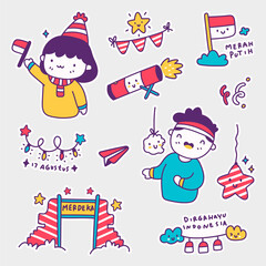 Sticker set Indonesia Independence day in doodle style, Merdeka is Independence, merah putih is red white, Dirgahayu is celebration, Agustus is August 