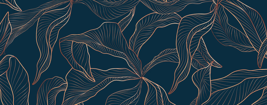 Abstract botanical art background with tropical leaves in gold and copper line style. Natural hand drawn pattern for wallpaper design, decor, print, interior design.
