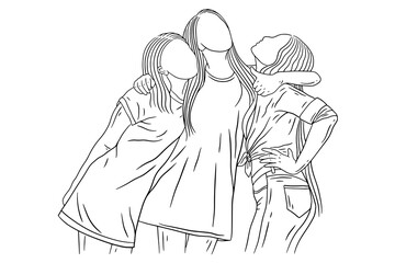 Fototapeta na wymiar Happy Women group Girl Best Friend love line art hand drawn style illustration