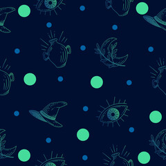 Obraz na płótnie Canvas Set Seamless Pattern Dark Blue Mystical Celestial Simple Minimalism Tattoo Symbol With Light Greenish Blue Random Circle Object Space Doodle Esoteric Elements Vintage Illustration Dark Blue.