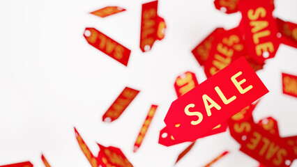 赤色のセールタグがたくさん舞う画像。