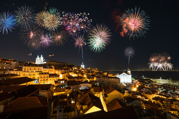 Firework display at Alfama old town district of Lisbon, Portugal