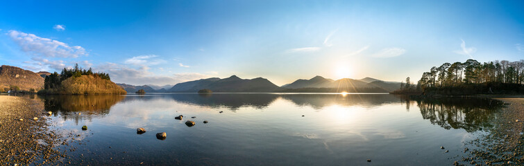 Derwentwater lake sunset  panorama in Lake District. England
