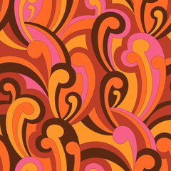 Vector nostalgic retro 60s groovy print. Vintage abstract background. Hippie psychedelic seamless pattern. Textile and surface design with old fashioned hand drawn naive geometric print