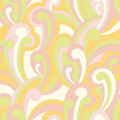 Vector nostalgic retro 60s groovy print. Vintage abstract background. Hippie psychedelic seamless pattern. Textile and surface design with old fashioned hand drawn naive geometric print