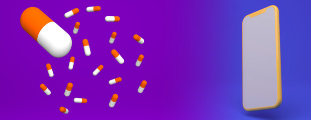 A group of antibiotic pill capsules falling. Healthcare and medical 3D render background.3d rendering