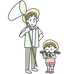 昆虫採集をする女の子と父親