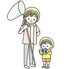 昆虫採集をする男の子と母親