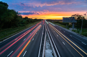 Fototapeta na wymiar M1 motorway at sunset in England. United Kingdom