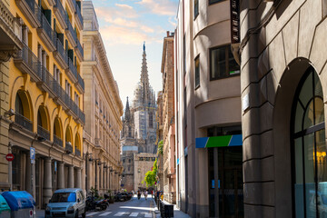 View of the tower and spires of the Gothic Barcelona Cathedral of Santa Eulalia in the Gothic...