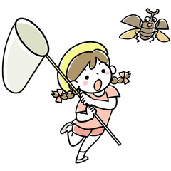 捕虫網を持ってカブトムシを追いかける女の子