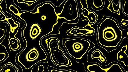 Fototapeta premium 3D rendering. Pattern of yellow wavy lines on a black background creating a neon effect. A modern background for layouts, covers, templates and more. Liquid texture with lines.