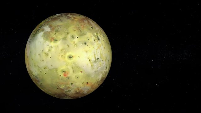 Jupiter's moon Io with text space on the right. Ultra realistic 3D Io and stars. Io from space. 3D CGI render. [ProRes - UHD 4K]
