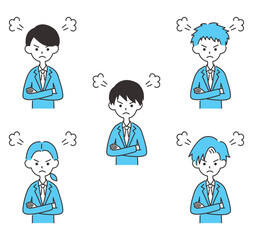 男性のビジネスマン　上半身アイコンセット　怒り