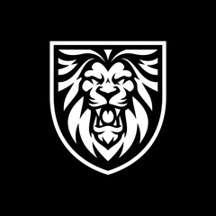 Lion head and shield mascot logo design. Lion emblem vector illustration on dark background