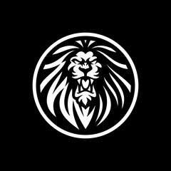Lion head and circle mascot logo design. Lion emblem vector illustration on dark background