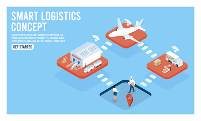 Naklejka premium Smart Global logistic service isometric concept with export, import, warehouse business and transport. Vector illustration EPS 10